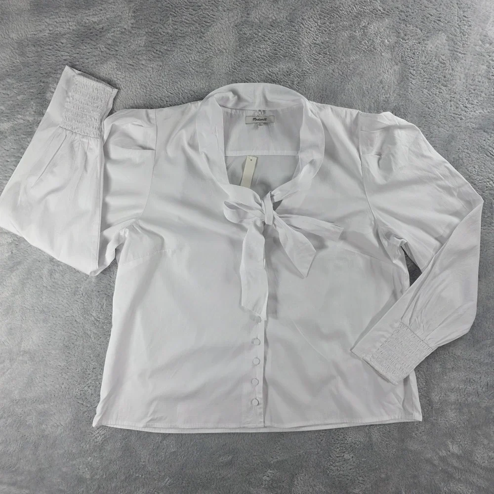 Madewell Womens XL White Tie Neck V- Neck‎ Button Front Top Puff Sleeve Blouse